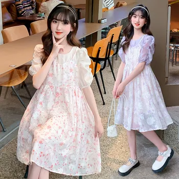 2023 Корейска детска рокля с цветен модел за момичета, модерни елегантни дантелени рокли за рожден ден, лятна празнична дрехи от 5 до 16 години
