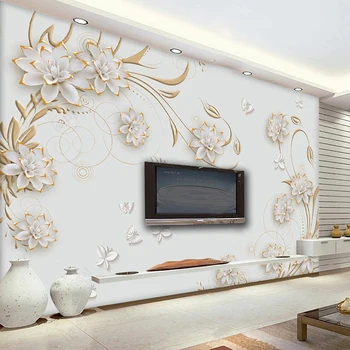 Потребителски стенни тапети 3D перлено бял Цвете, Пеперуда Европейският модел Фреска, Всекидневна с телевизор, Диван Спалня Начало декор Papel De Parede
