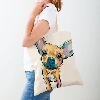 Скъпа Чанта за пазаруване с акварельным принтом кучета, дамски холщовая чанта-тоут с анимационни животни, женски многократна употреба еко-чанта през рамо за пазаруване