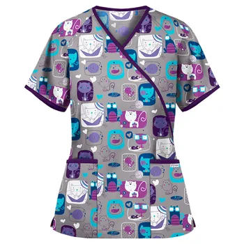 40# Женски Ризи с джобове, Блузи с къс ръкав и V-образно деколте, Работни Униформи на медицински Сестри с принтом, Ръкави Raglan, Сладки Тениски от работна кърпа