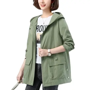 2023 Пролет-есен, нова корейска ветровка, връхни дрехи, дамски тренч с качулка, дълъг ежедневното свободно палто, дамски блузи с цип 6XL