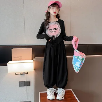 Модни партиди за малки момичета, черна тениска с дълъг ръкав, спортни панталони, пролет-есен облекло, розов дантелен детски спортен костюм със сърца