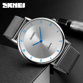 Прости тънки кварцов часовник SKMEI с мрежесто каишка от неръждаема стомана, мъжки часовници, модни водоустойчиви часовници, мъжки ежедневни часовници