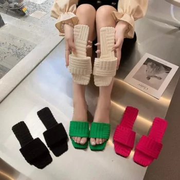 Луксозни дамски сандали с кърпа върху плоска подметка 2023 година на издаване, удобни плюшени чехли за краката, дамски домашни трайни нескользящие чехли
